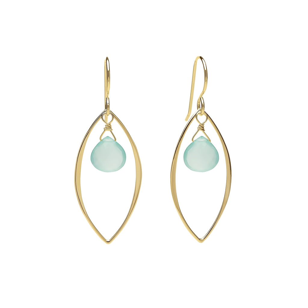 Gold Large Leaf Earrings with  Chalcedony