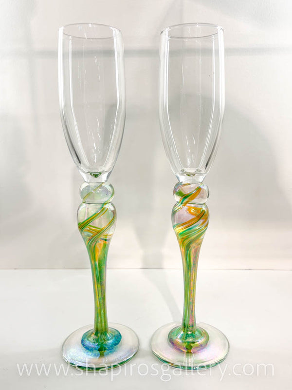 Blown Glass Long Stem Champagne Flute, Iridescent